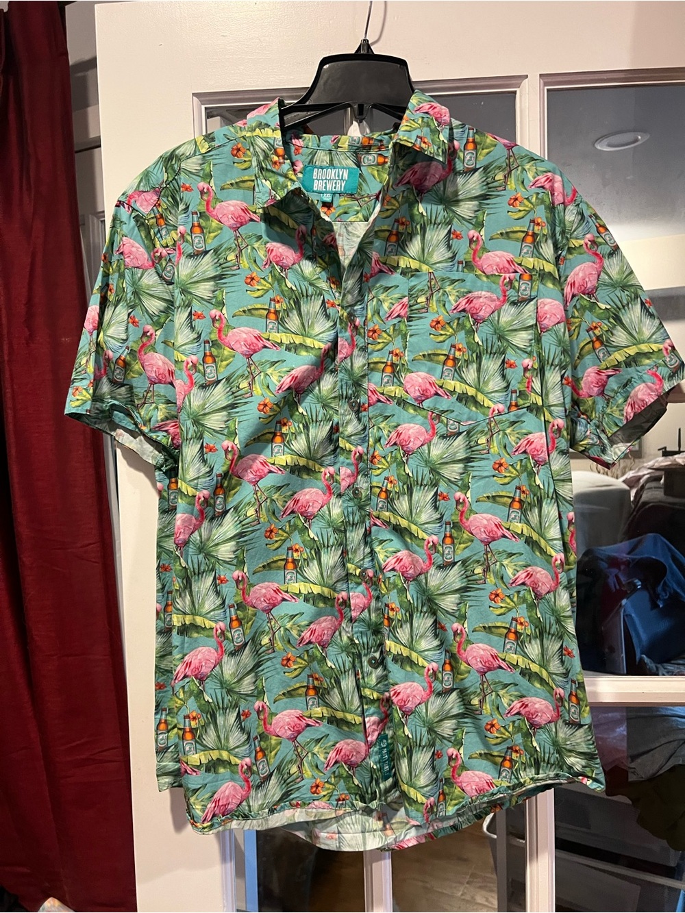 Men’s Green Flamingo Print Short-Sleeve Button-Down Shirt